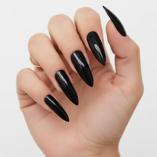 Jet Vamp | Black | Glossy | Gothic Design | Sharp, Stiletto | Extra Long | Reusable Press On Nails Set