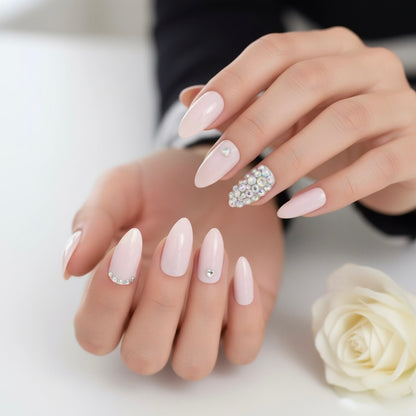 Prism Glow | Diamond Nude Pink | 3D Crystal Design | Nail Art | Glossy | Stiletto | Long | Reusable Press On Nails Set