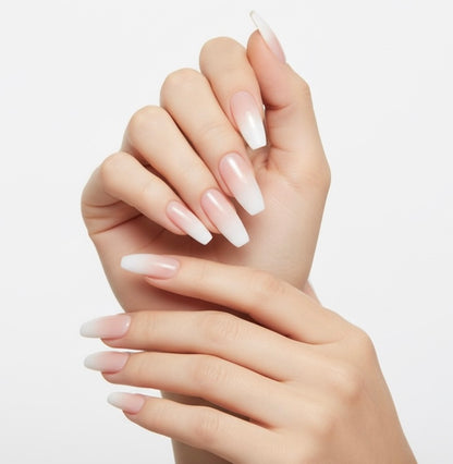 Simple Chic | Natural | Nude Pink, Ombre White French | Glossy | Ballerina | Extra Long | Reusable Press On Nails Set