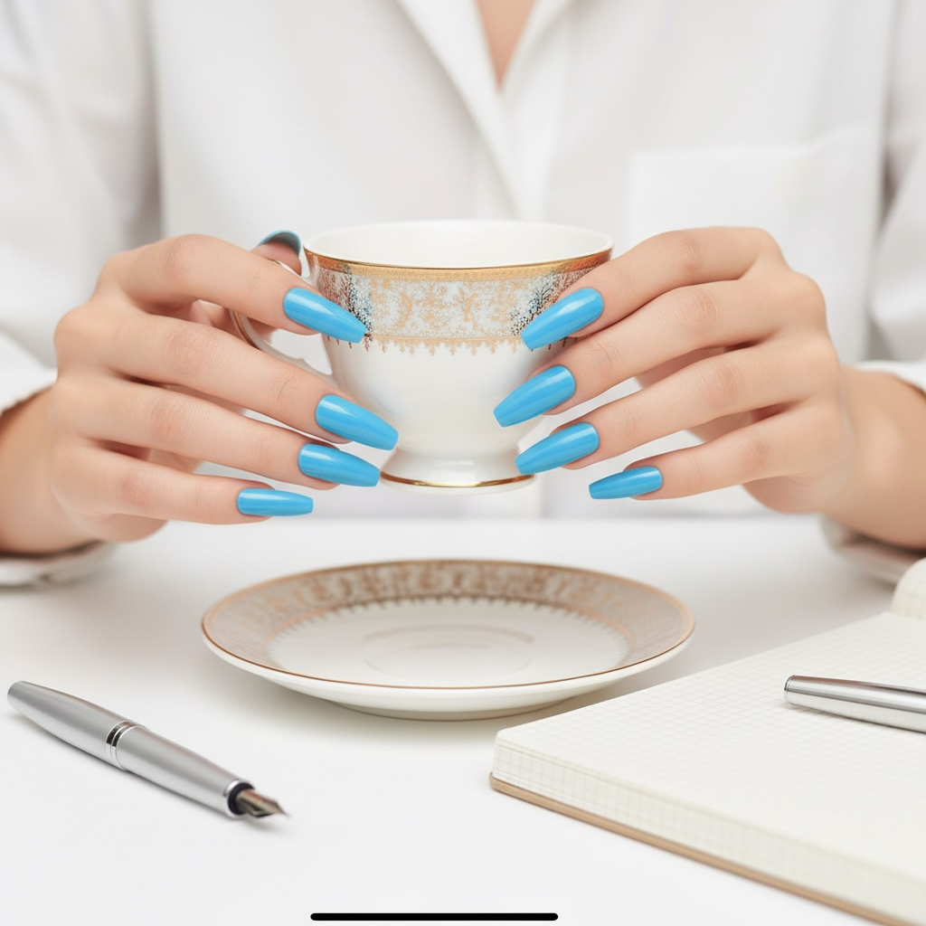 Lagoon Glow | Blue | Glossy | Ballerina | Extra Long | Reusable Press On Nails Set