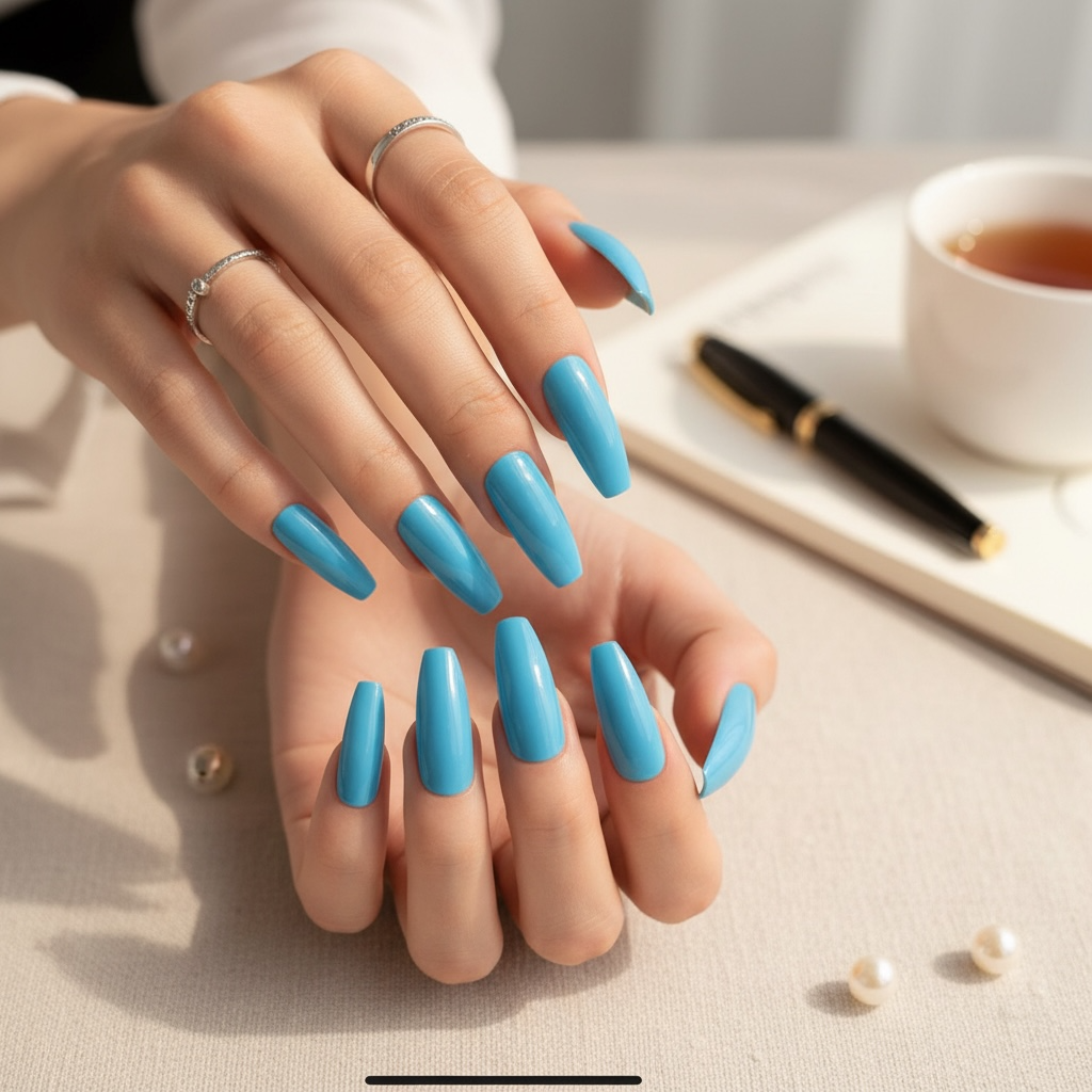 Lagoon Glow | Blue | Glossy | Ballerina | Extra Long | Reusable Press On Nails Set