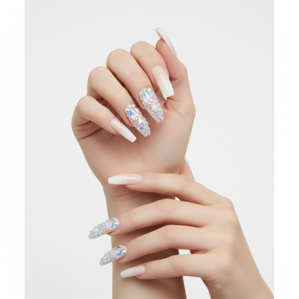 Sparkle Diva | Diamond Nude Pink, White Ombre French | 3D Crystal Design | Nail Art | Glossy | Ballerina | Extra Long | Reusable Press On Nails Set