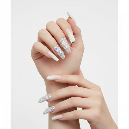 Sparkle Diva | Diamond Nude Pink, White Ombre French | 3D Crystal Design | Nail Art | Glossy | Ballerina | Extra Long | Reusable Press On Nails Set