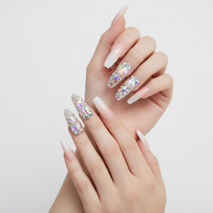 Sparkle Diva | Diamond Nude Pink, White Ombre French | 3D Crystal Design | Nail Art | Glossy | Ballerina | Extra Long | Reusable Press On Nails Set