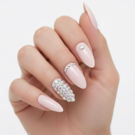 Prism Glow | Diamond Nude Pink | 3D Crystal Design | Nail Art | Glossy | Stiletto | Long | Reusable Press On Nails Set