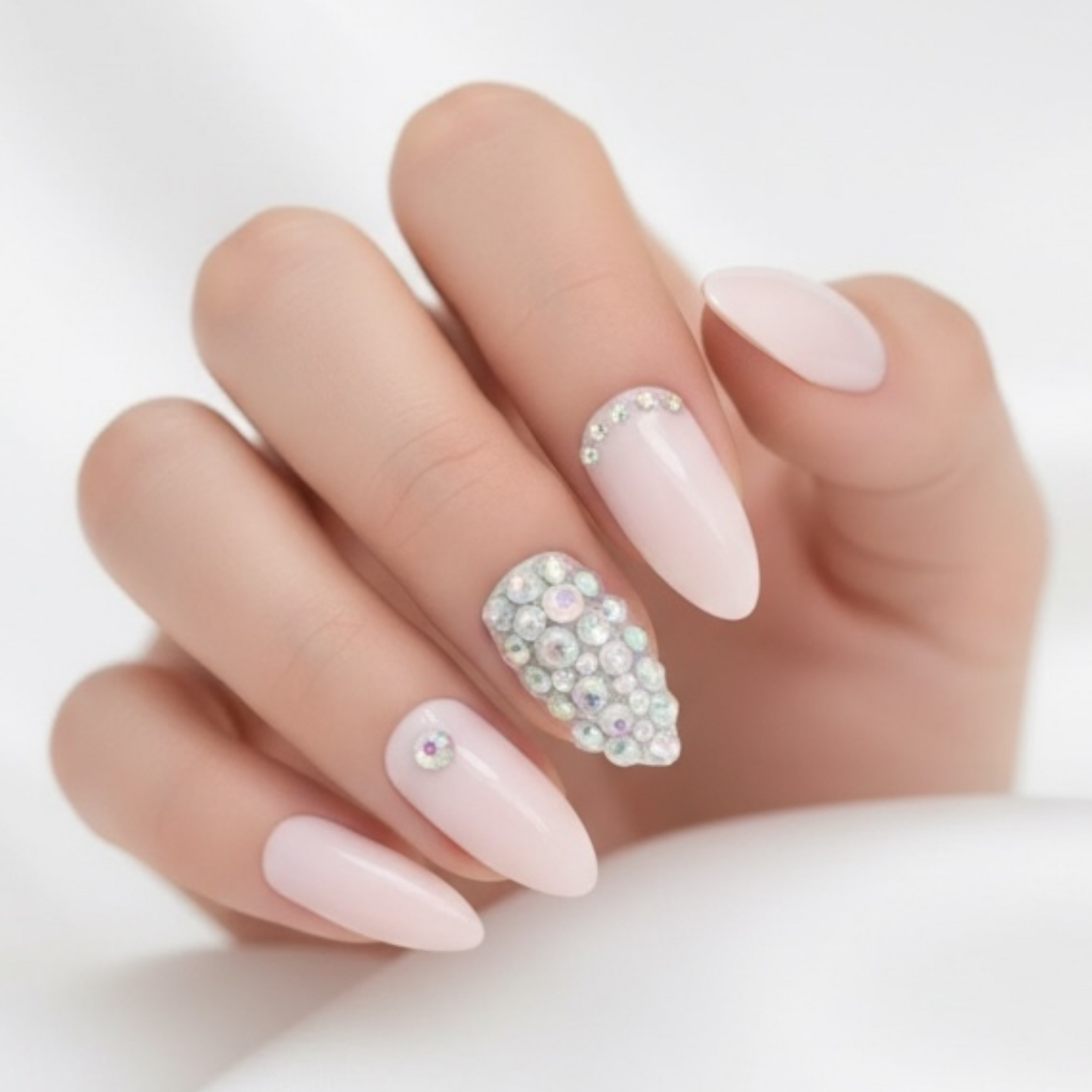 Prism Glow | Diamond Nude Pink | 3D Crystal Design | Nail Art | Glossy | Stiletto | Long | Reusable Press On Nails Set
