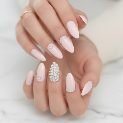 Prism Glow | Diamond Nude Pink | 3D Crystal Design | Nail Art | Glossy | Stiletto | Long | Reusable Press On Nails Set