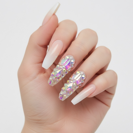 Sparkle Diva | Diamond Nude Pink, White Ombre French | 3D Crystal Design | Nail Art | Glossy | Ballerina | Extra Long | Reusable Press On Nails Set