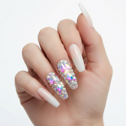 Sparkle Diva | Diamond Nude Pink, White Ombre French | 3D Crystal Design | Nail Art | Glossy | Ballerina | Extra Long | Reusable Press On Nails Set
