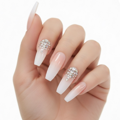 Sparkle Pop | Diamond Nude Pink, White Ombre French | 3D Crystal Design | Nail Art | Glossy | Ballerina | Extra Long | Reusable Press On Nails Set