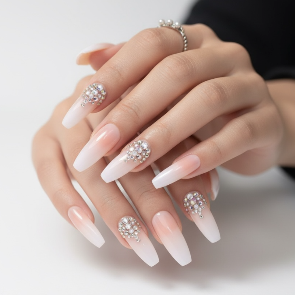 Sparkle Pop | Diamond Nude Pink, White Ombre French | 3D Crystal Design | Nail Art | Glossy | Ballerina | Extra Long | Reusable Press On Nails Set