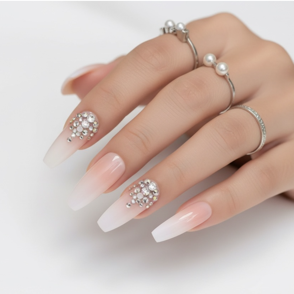 Sparkle Pop | Diamond Nude Pink, White Ombre French | 3D Crystal Design | Nail Art | Glossy | Ballerina | Extra Long | Reusable Press On Nails Set