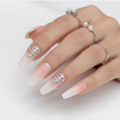 Sparkle Pop | Diamond Nude Pink, White Ombre French | 3D Crystal Design | Nail Art | Glossy | Ballerina | Extra Long | Reusable Press On Nails Set