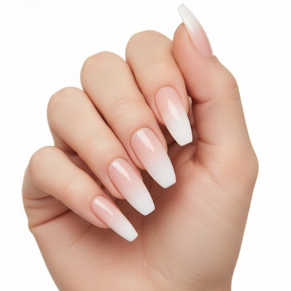 Simple Chic | Natural | Nude Pink, Ombre White French | Glossy | Ballerina | Extra Long | Reusable Press On Nails Set