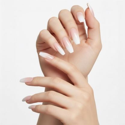 Simple Chic | Natural | Nude Pink, Ombre White French | Glossy | Ballerina | Extra Long | Reusable Press On Nails Set
