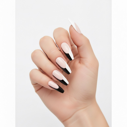 Rose Noir | Nude Pink, Black White French | Glossy | Ballerina | Extra Long | Reusable Press On Nails Set