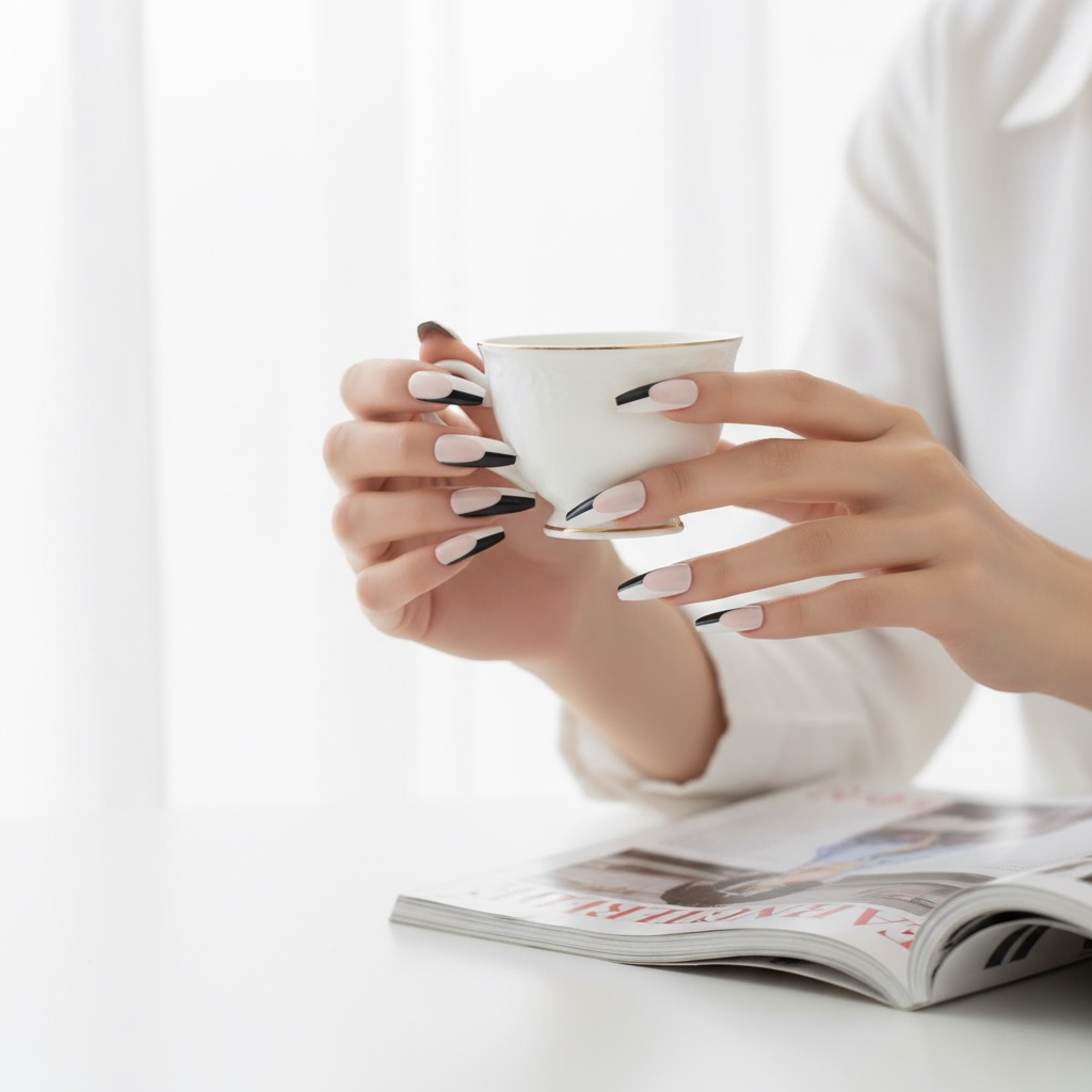 Rose Noir | Nude Pink, Black White French | Glossy | Ballerina | Extra Long | Reusable Press On Nails Set