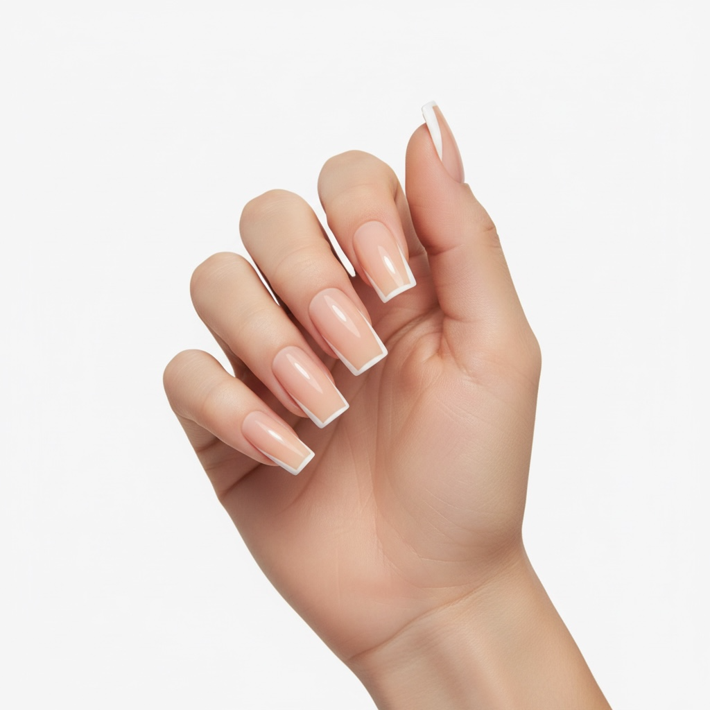 Glam Canvas | Nude Pink, White Frame French | Glossy | Square | Long | Reusable Press On Nails Set