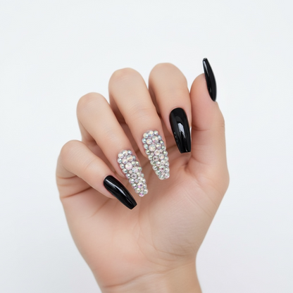 Sparkle Night | Diamond Black | 3D Crystal Design | Nail Art | Glossy | Ballerina | Extra Long | Reusable Press On Nails Set