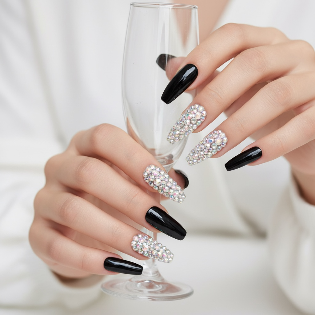 Sparkle Night | Diamond Black | 3D Crystal Design | Nail Art | Glossy | Ballerina | Extra Long | Reusable Press On Nails Set