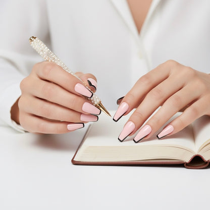 Boss Lady | Baby Pink, Black French | Glossy | Ballerina | Extra Long | Reusable Press On Nails Set