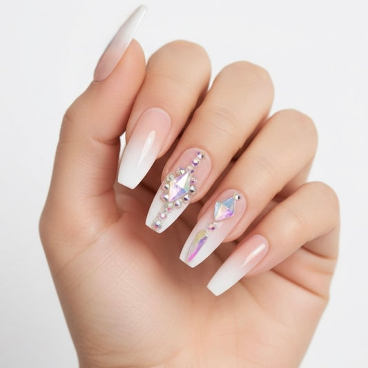 Glitz Gleam | Diamond Nude Pink, White Ombre French | 3D Crystal Design | Nail Art | Glossy | Ballerina | Extra Long | Reusable Press On Nails Set