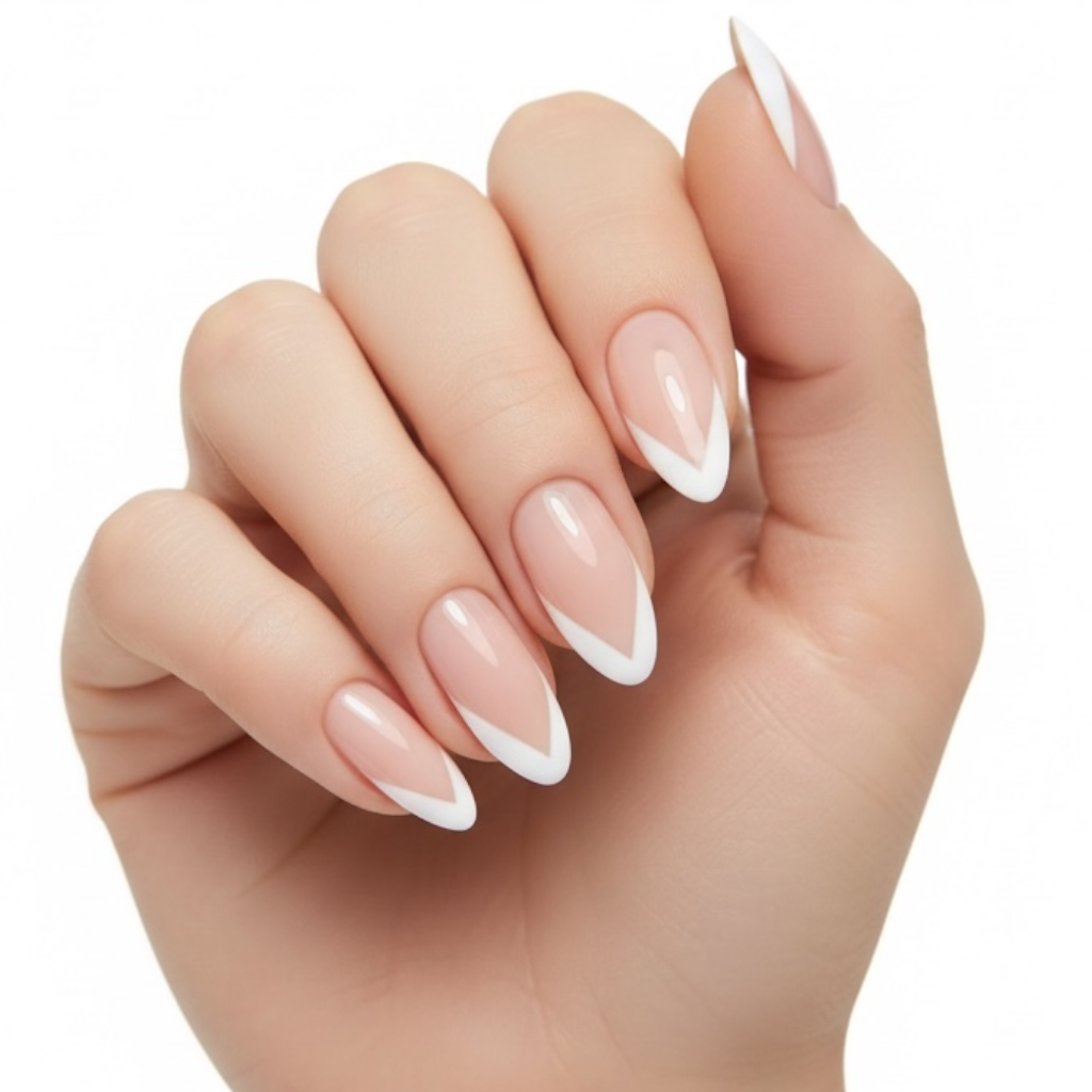 Chic Bloom | Natural | Nude, White V French | Glossy | Almond, Stiletto | Long | Reusable Press On Nails Set
