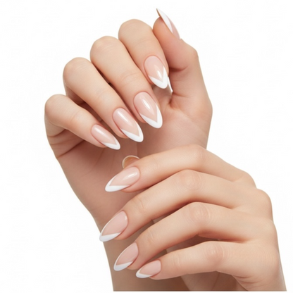 Chic Bloom | Natural | Nude, White V French | Glossy | Almond, Stiletto | Long | Reusable Press On Nails Set