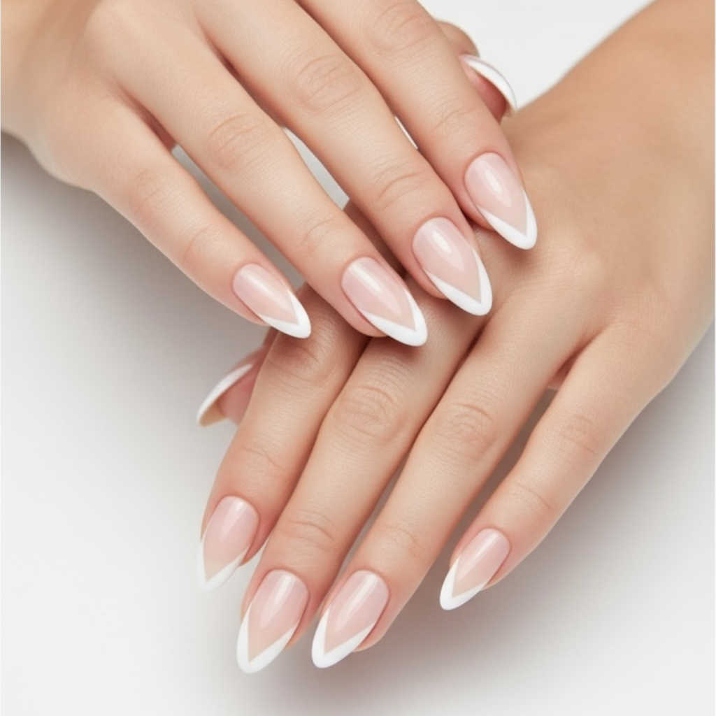 Chic Bloom | Natural | Nude, White V French | Glossy | Almond, Stiletto | Long | Reusable Press On Nails Set