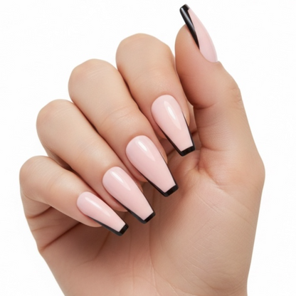 Boss Lady | Baby Pink, Black French | Glossy | Ballerina | Extra Long | Reusable Press On Nails Set