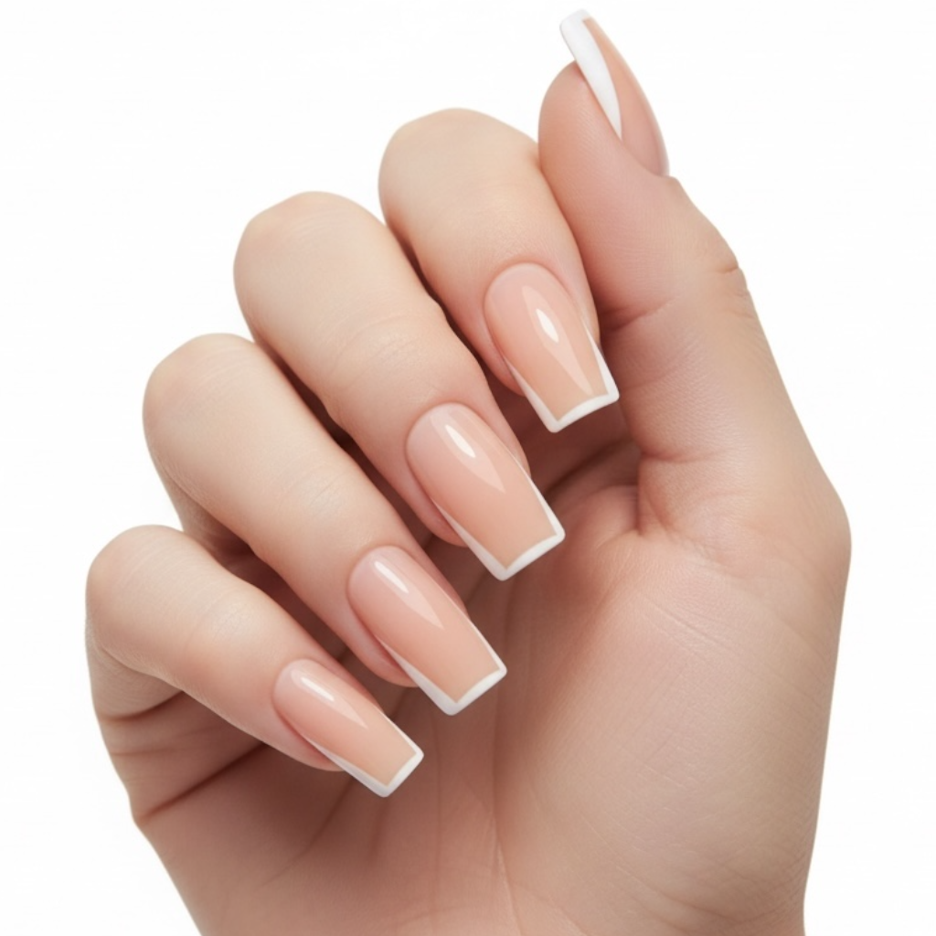 Glam Canvas | Nude Pink, White Frame French | Glossy | Square | Long | Reusable Press On Nails Set