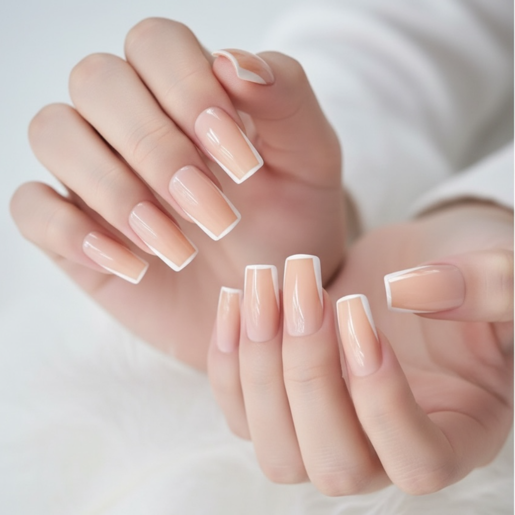 Glam Canvas | Nude Pink, White Frame French | Glossy | Square | Long | Reusable Press On Nails Set