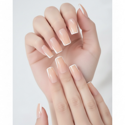 Glam Canvas | Nude Pink, White Frame French | Glossy | Square | Long | Reusable Press On Nails Set