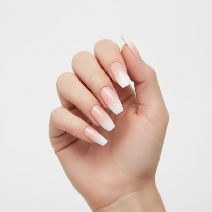 Soft Glow | Natural | Nude Pink, Ombre White French | Glossy | Coffin | Long | Reusable Press On Nails Set