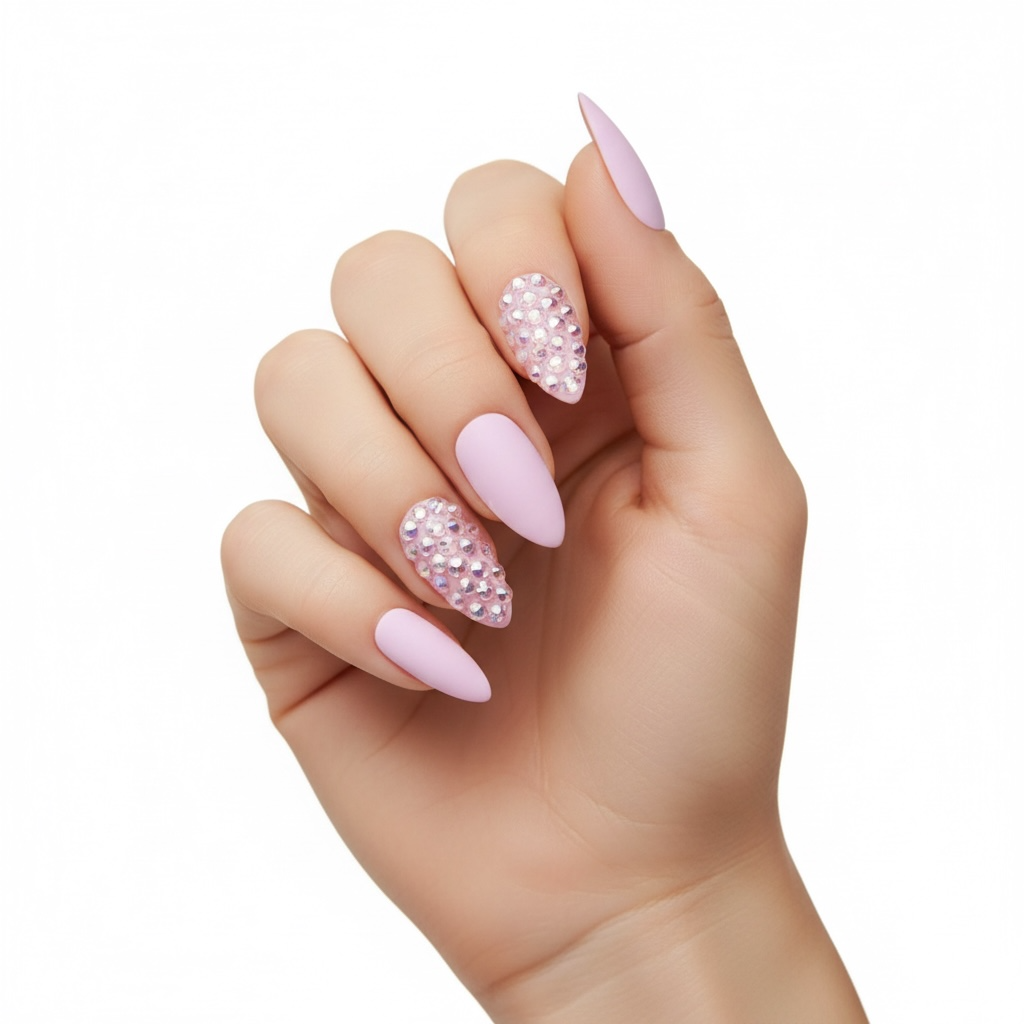 Bubblegum Sugar | Diamond Pink | 3D Crystal Design | Nail Art | Matte | Stiletto | Long | Reusable Press On Nails Set