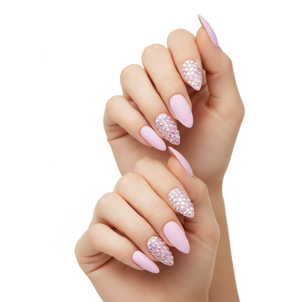 Bubblegum Sugar | Diamond Pink | 3D Crystal Design | Nail Art | Matte | Stiletto | Long | Reusable Press On Nails Set