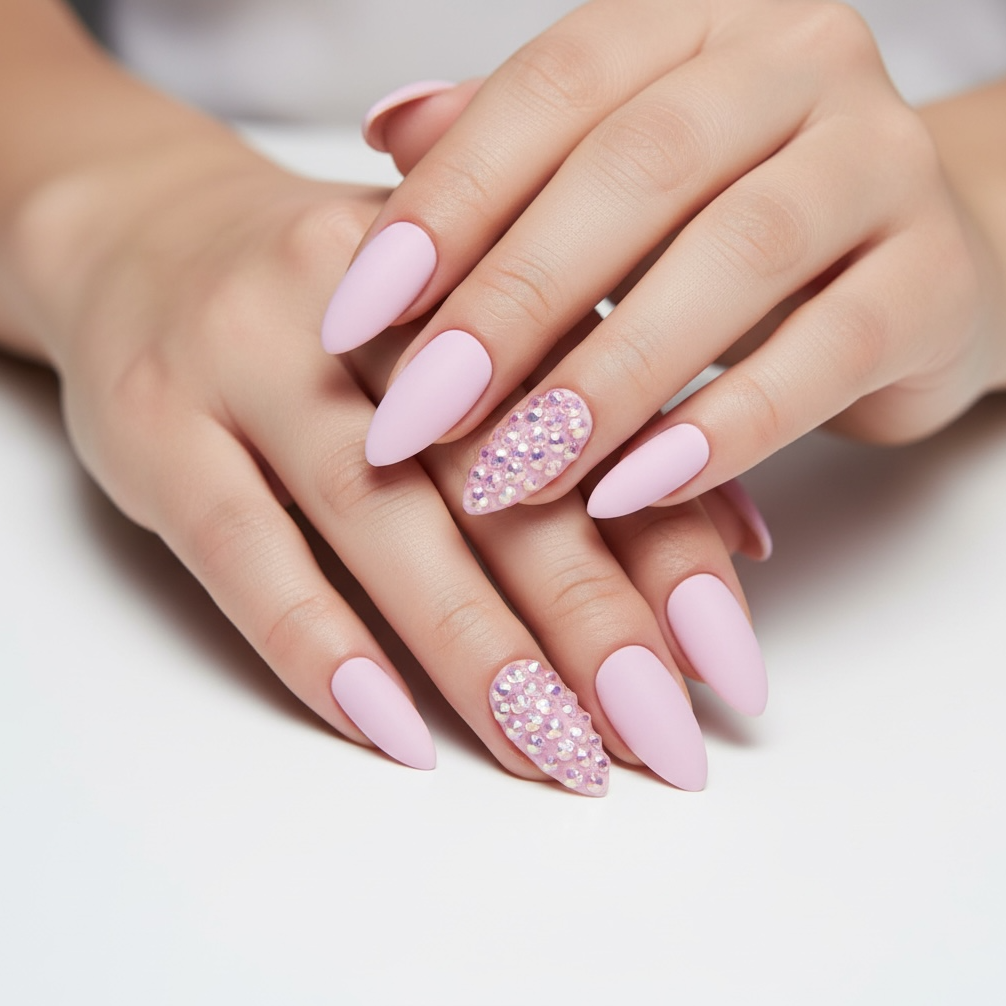 Bubblegum Sugar | Diamond Pink | 3D Crystal Design | Nail Art | Matte | Stiletto | Long | Reusable Press On Nails Set