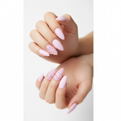 Bubblegum Sugar | Diamond Pink | 3D Crystal Design | Nail Art | Matte | Stiletto | Long | Reusable Press On Nails Set