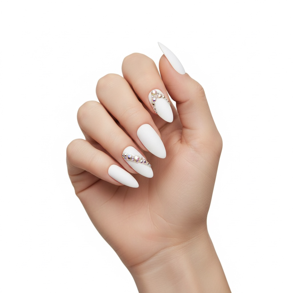 Posh Diva | Diamond White | 3D Crystal Design | Nail Art | Matte | Stiletto | Long | Reusable Press On Nails Set