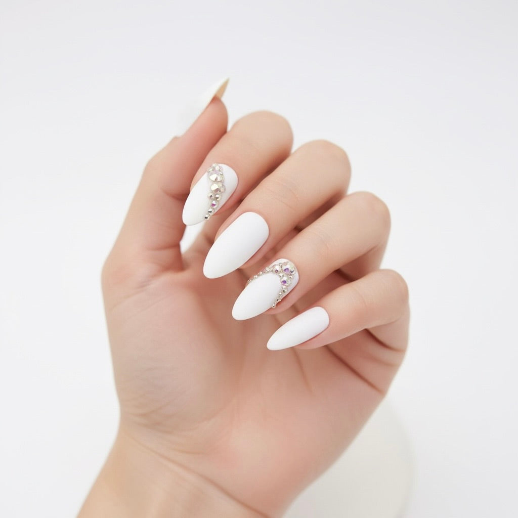 Posh Diva | Diamond White | 3D Crystal Design | Nail Art | Matte | Stiletto | Long | Reusable Press On Nails Set