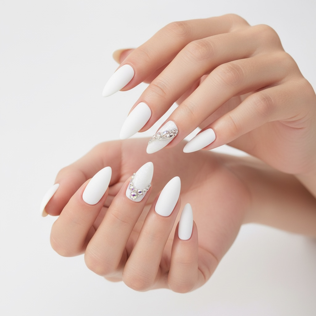 Posh Diva | Diamond White | 3D Crystal Design | Nail Art | Matte | Stiletto | Long | Reusable Press On Nails Set