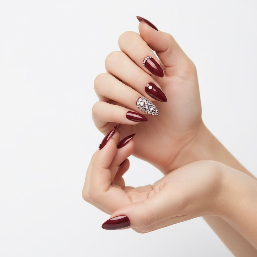 Sparkling Jazz | Diamond Red Burgundy | 3D Crystal Design | Nail Art | Glossy | Almond Stiletto | Long | Reusable Press On Nails Set