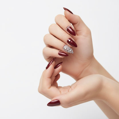 Sparkling Jazz | Diamond Red Burgundy | 3D Crystal Design | Nail Art | Glossy | Almond Stiletto | Long | Reusable Press On Nails Set