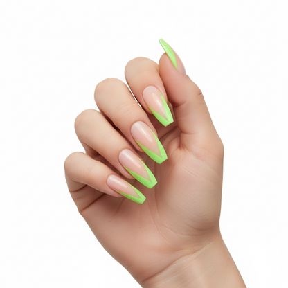 Lime Love | Natural | Nude Pink, Green V French | Glossy | Ballerina | Extra Long | Reusable Press On Nails Set