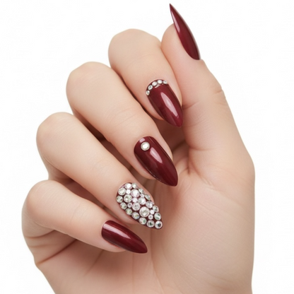 Sparkling Jazz | Diamond Red Burgundy | 3D Crystal Design | Nail Art | Glossy | Almond Stiletto | Long | Reusable Press On Nails Set