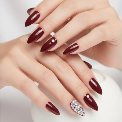 Sparkling Jazz | Diamond Red Burgundy | 3D Crystal Design | Nail Art | Glossy | Almond Stiletto | Long | Reusable Press On Nails Set