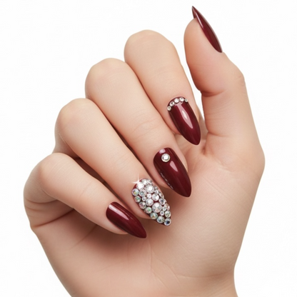 Sparkling Jazz | Diamond Red Burgundy | 3D Crystal Design | Nail Art | Glossy | Almond Stiletto | Long | Reusable Press On Nails Set