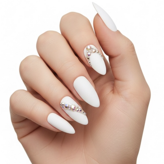 Posh Diva | Diamond White | 3D Crystal Design | Nail Art | Matte | Stiletto | Long | Reusable Press On Nails Set