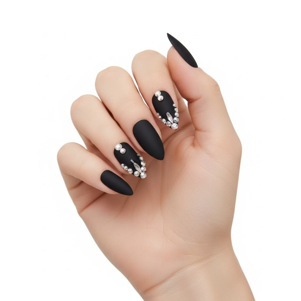 Gothic Kiss | Diamond Black | 3D Crystal Design | Nail Art | Matte | Stiletto | Long | Reusable Press On Nails Set