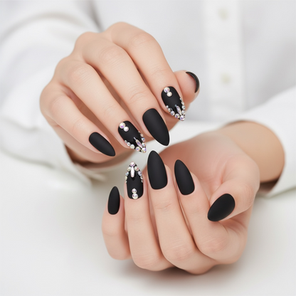Gothic Kiss | Diamond Black | 3D Crystal Design | Nail Art | Matte | Stiletto | Long | Reusable Press On Nails Set